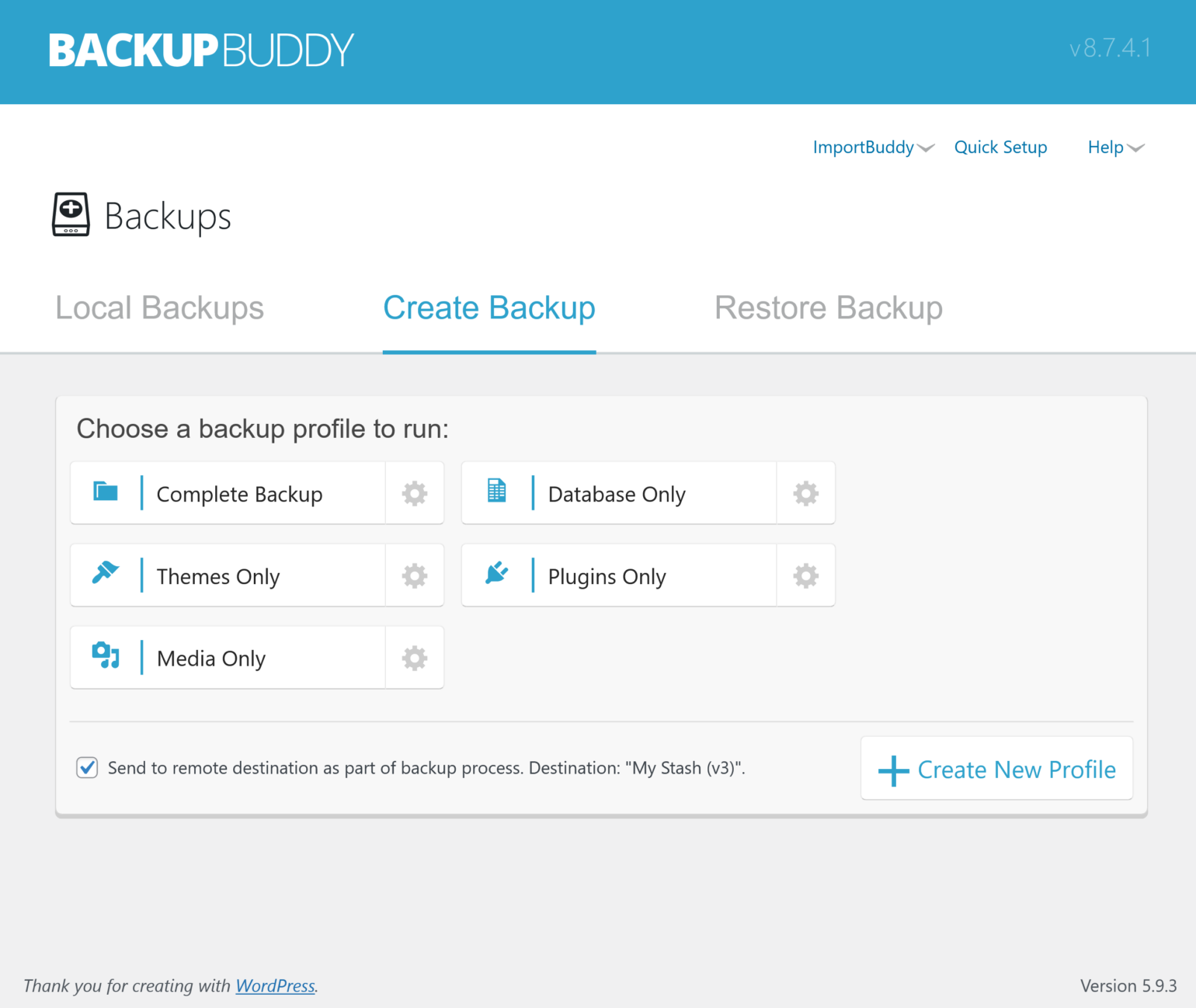 Préparation à l'exécution d'une sauvegarde manuelle avec BackupBuddy.