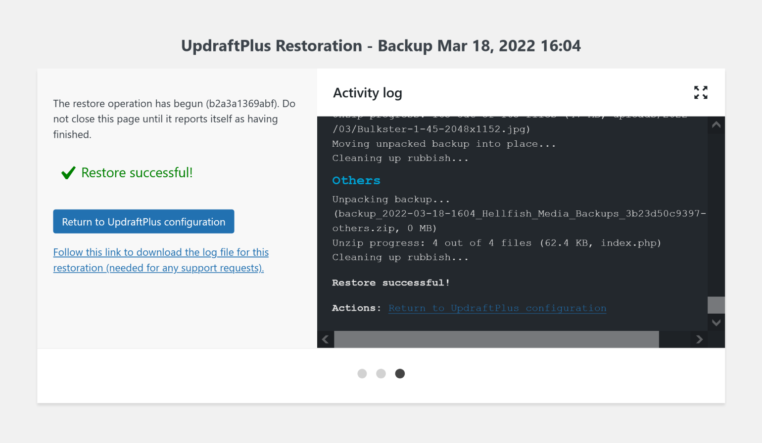 Une restauration réussie avec UpdraftPlus.