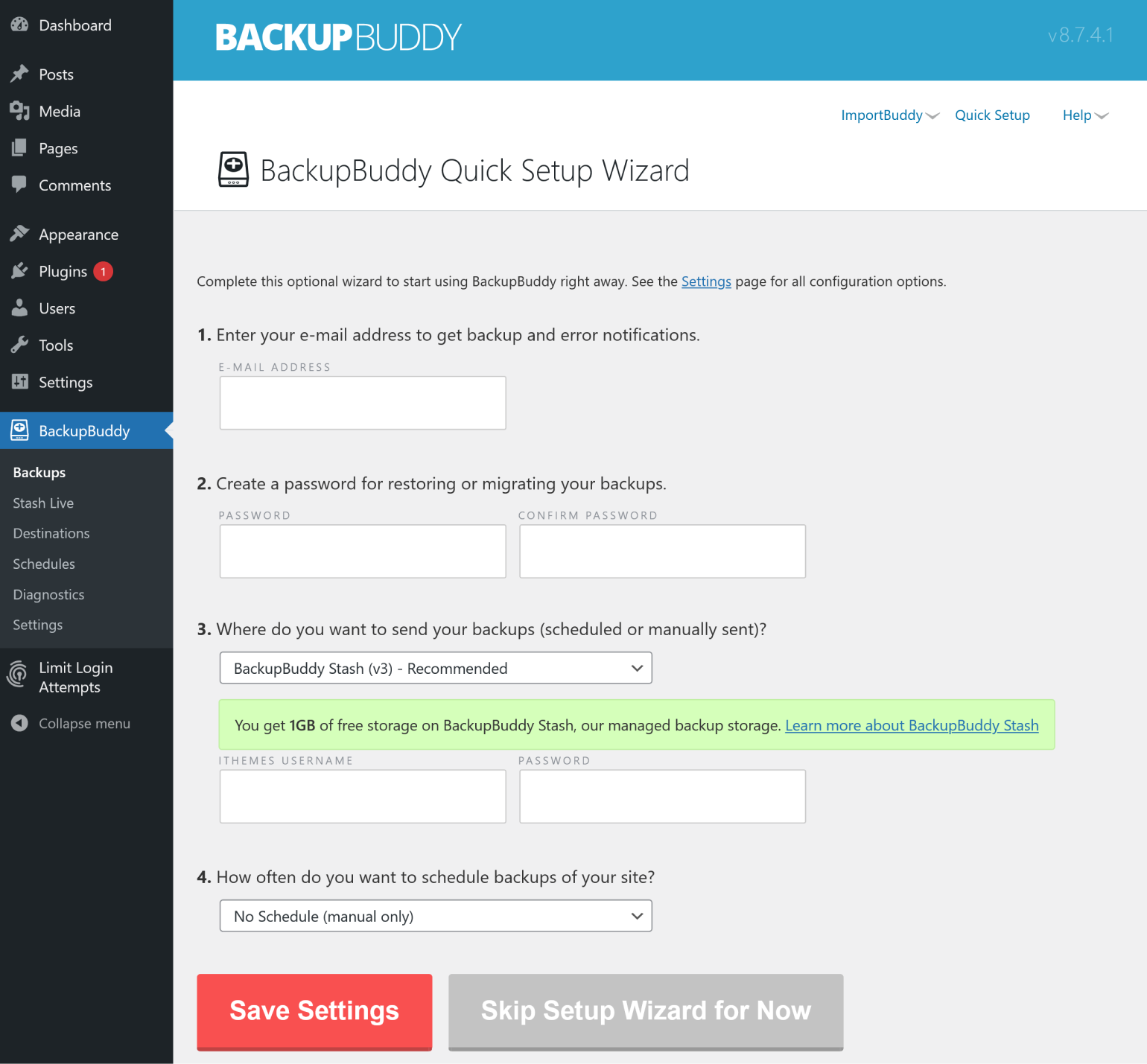 L'assistant de configuration de BackupBuddy.
