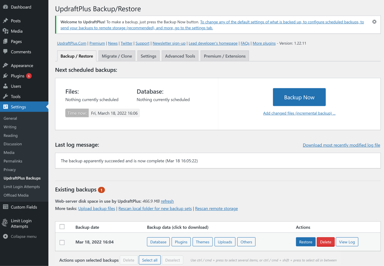 Effectuer une restauration en un clic dans UpdraftPlus.