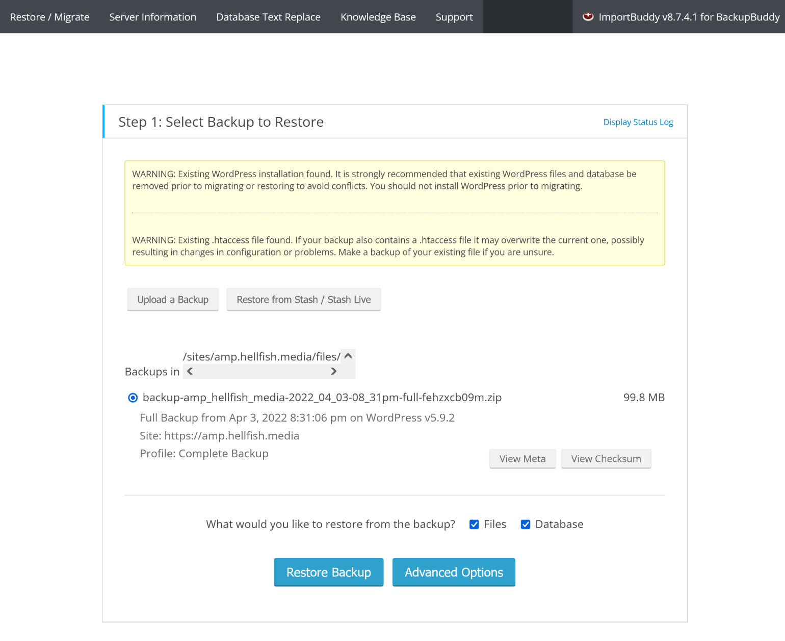 La première étape du processus ImportBuddy.