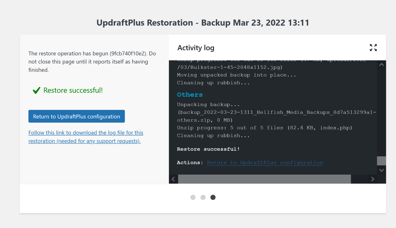Une restauration à distance réussie avec UpdraftPlus.