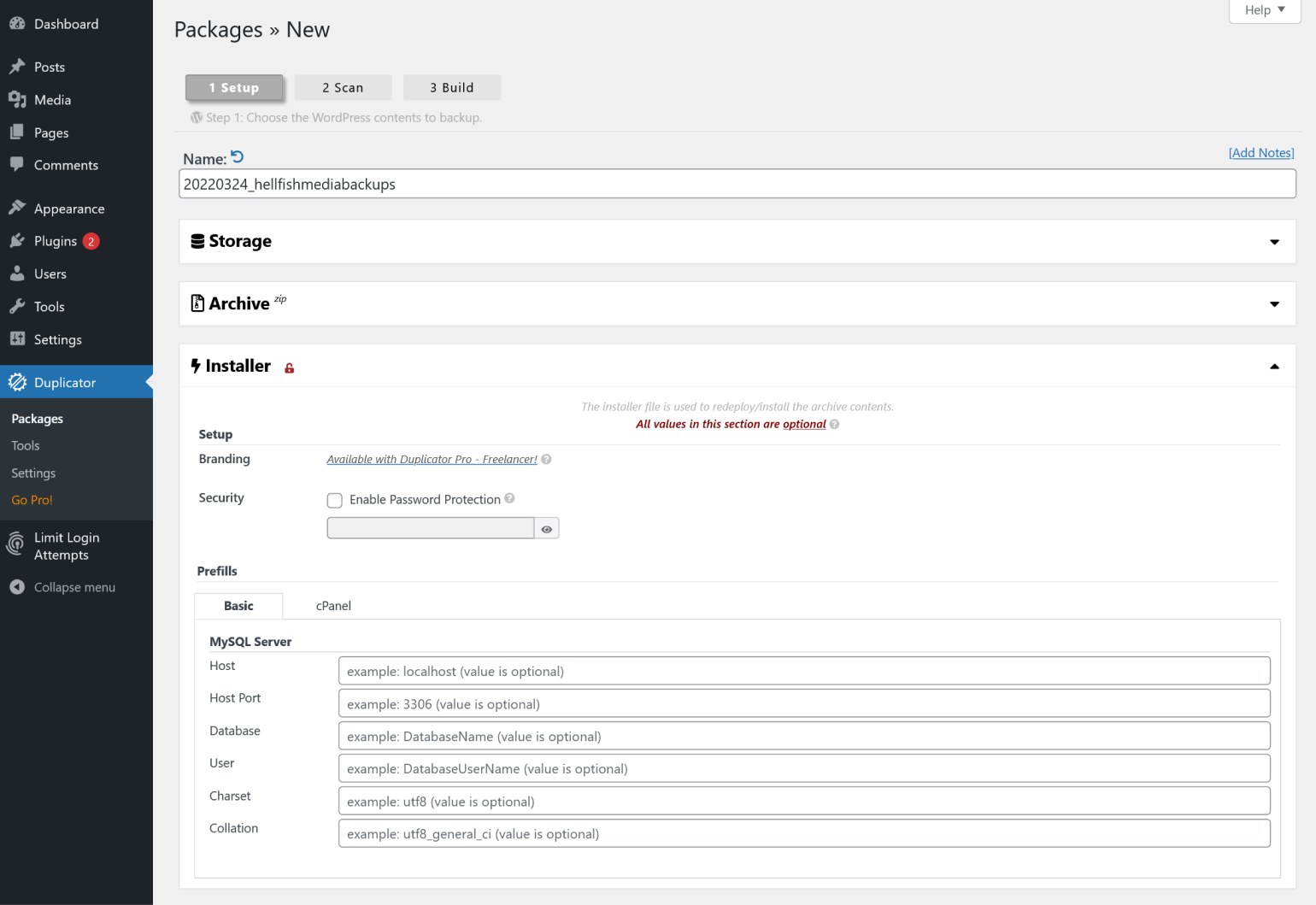 Configuration du fichier d'installation dans Duplicator.