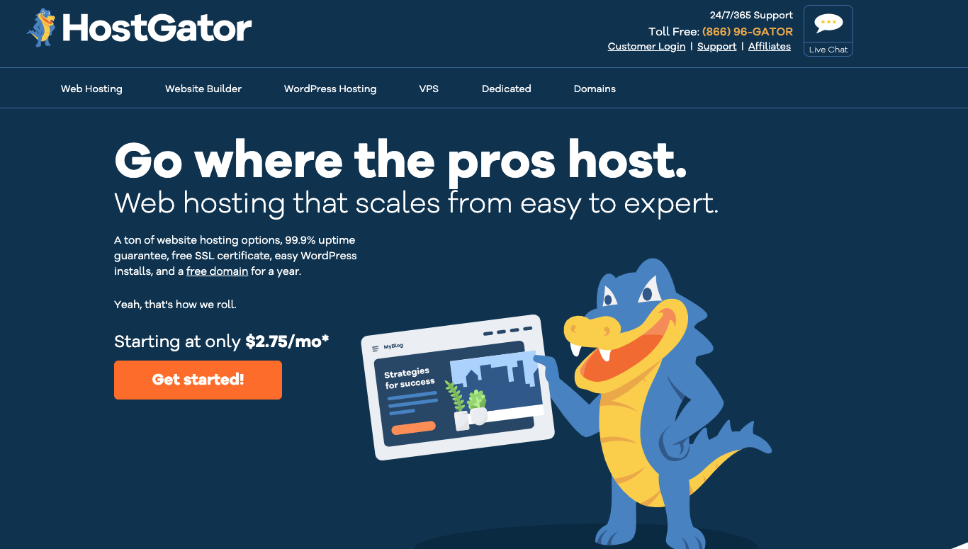 Captura de tela da página inicial do HostGator (opções de hospedagem)