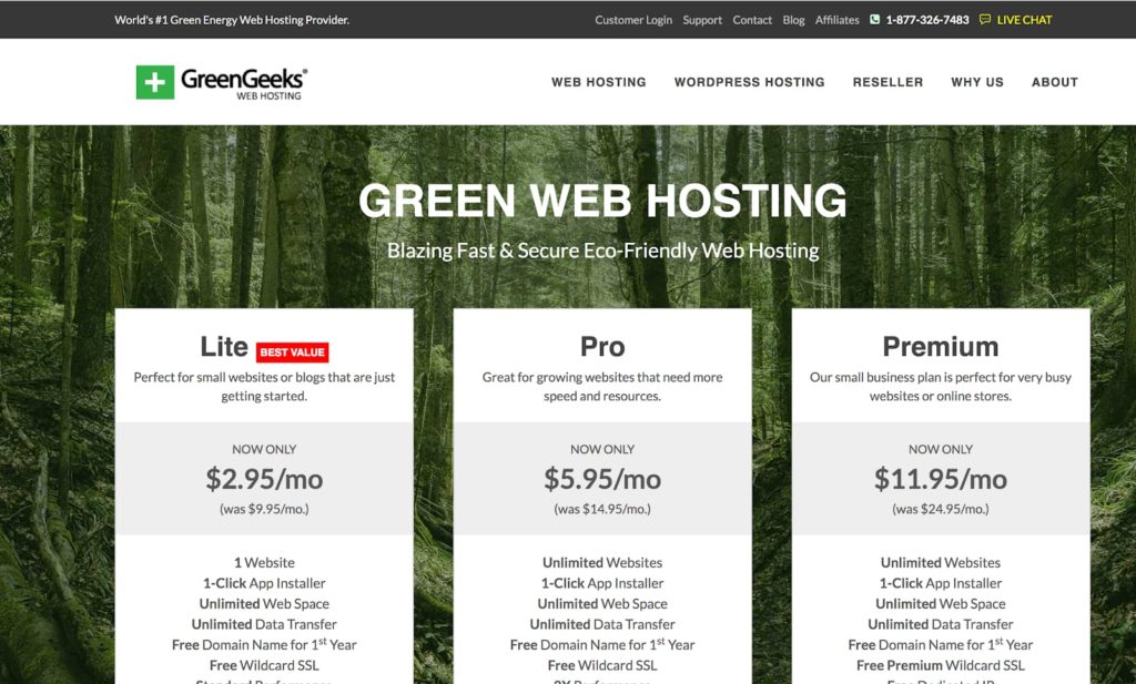GreenGeeks WordPress planos de hospedagem para blogueiros (captura de tela da página inicial)