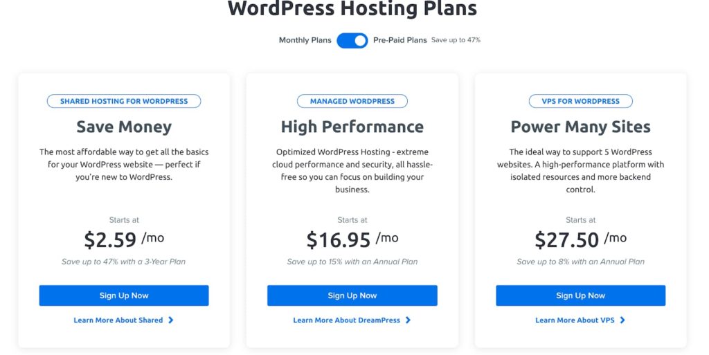 Tabela de planos de preços do Dreamhost (gráfico)