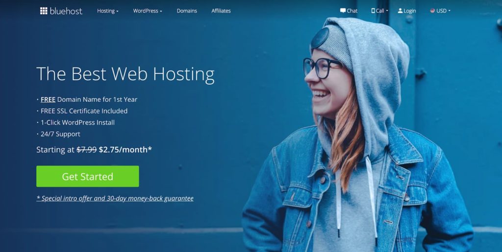 Planos de hospedagem WordPress da Bluehost para novos blogueiros (captura de tela da página inicial)