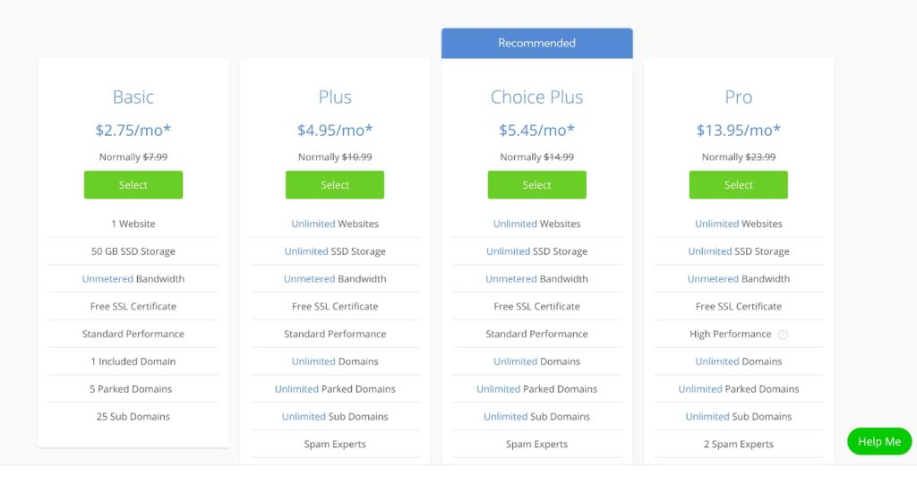 Plano de preços de hospedagem WordPress da Bluehost e opções (tabela e gráfico)
