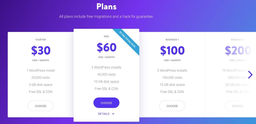 Recursos e detalhamento da tabela de preços para Kinsta (captura de tela)