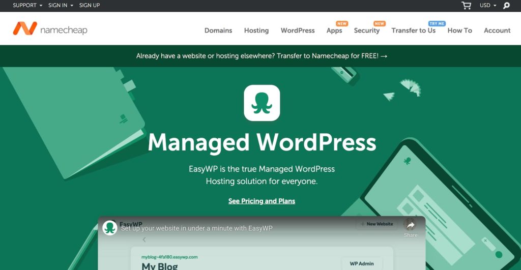 Planos de hospedagem WordPress EasyWP (por Namecheap) para blogueiros - Captura de tela da página inicial