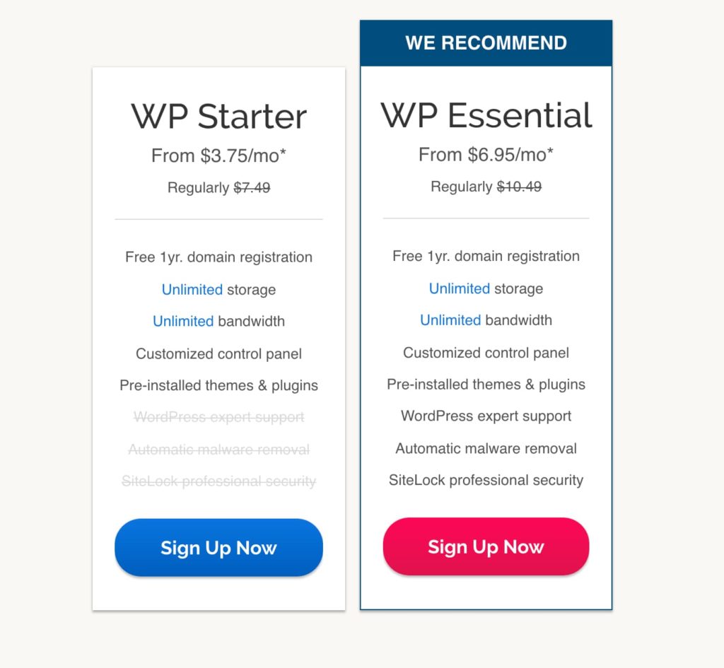 Detalhamento do iPage WP Starter e WP Essential Pricing Plan (captura de tela)