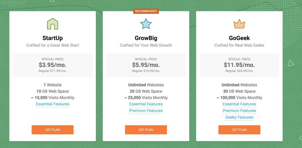 Tabela de preços de hospedagem do SiteGround (captura de tela)