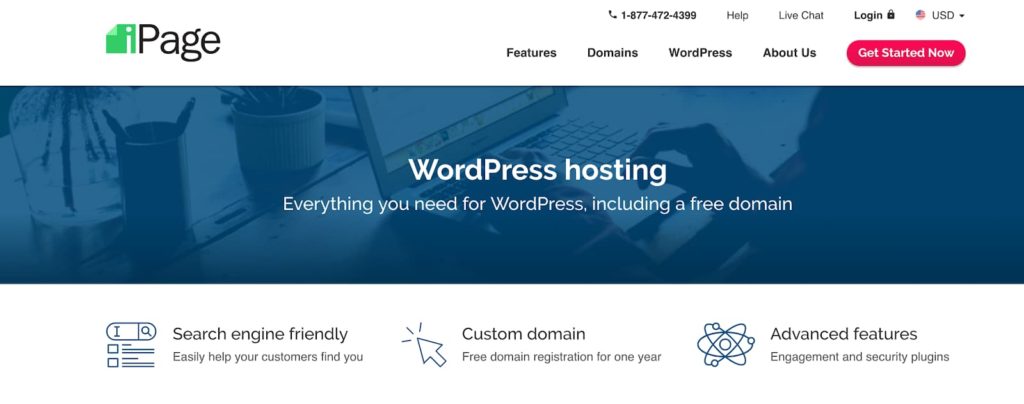 Planos e recursos de hospedagem do iPage WordPress para blogueiros (captura de tela da página inicial)