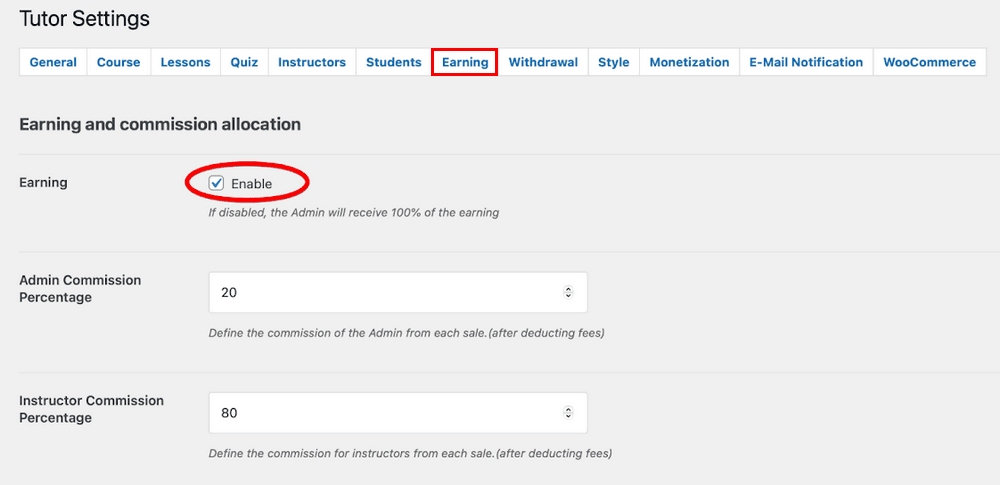Включить заработок Tutor LMS