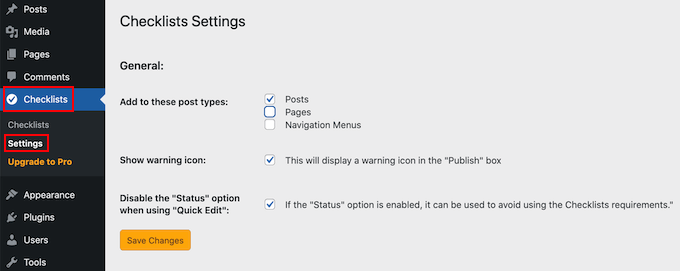 การตั้งค่ารายการตรวจสอบ PublishPress The PublishPress Checklist settings