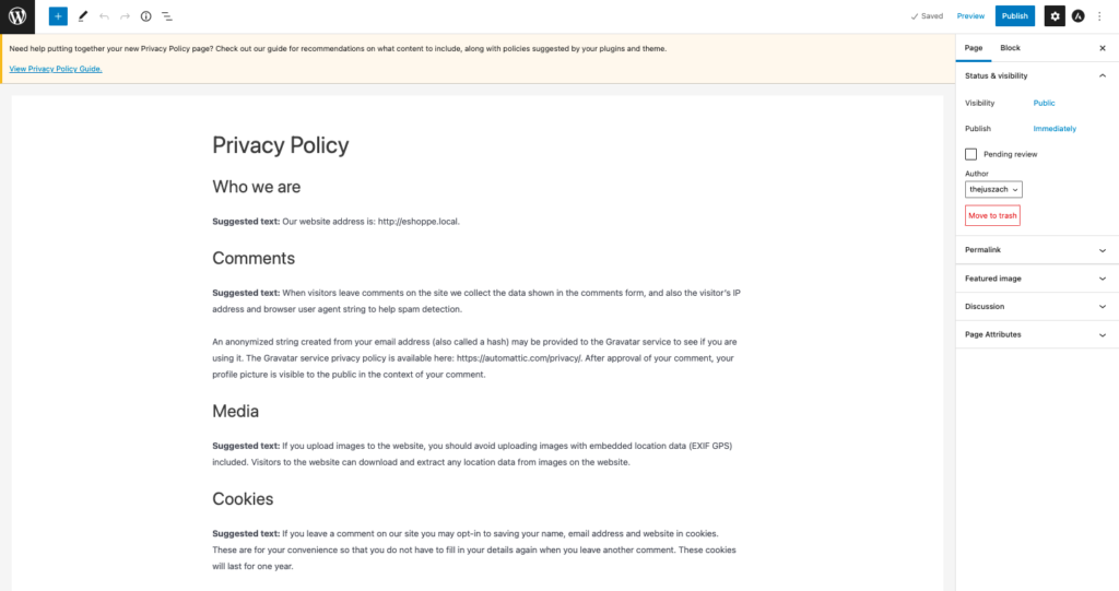 WordPress 스토어의 새로운 개인정보 보호정책