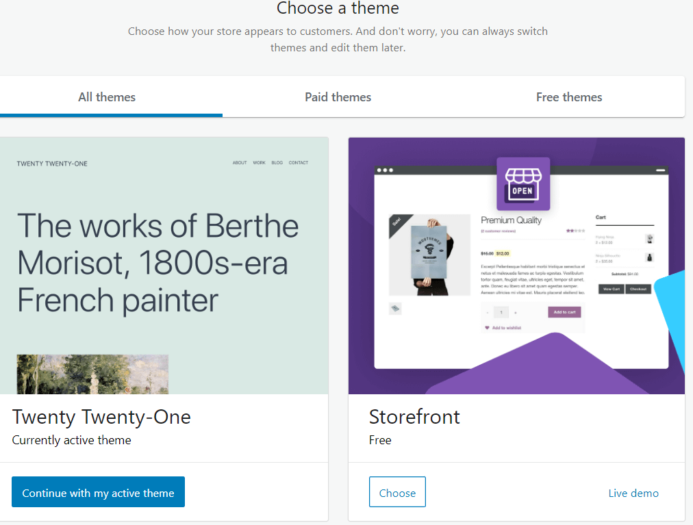 WooCommerce için tema seçeneklerinin ekran görüntüsü