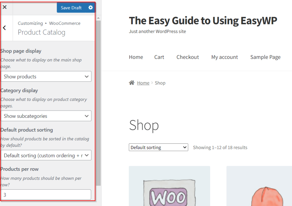 Kırmızı bir kutu, WooCommerce'deki site özelleştirme seçeneklerini vurgular