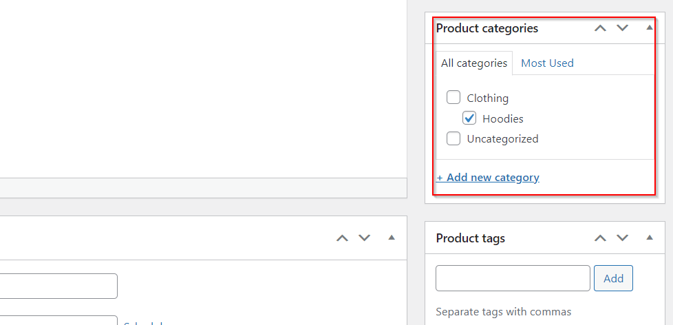 Kırmızı bir kutu, WooCommerce'de ürün kategorisi kenar çubuğunu vurgular