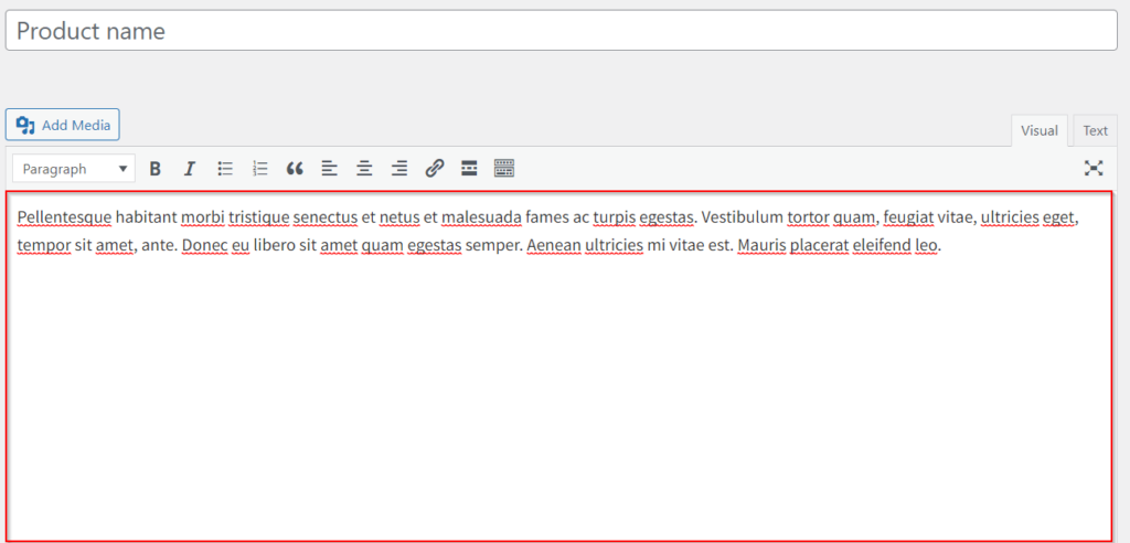 Kırmızı bir kutu, WooCommerce'de bir ürün açıklamasının nerede düzenleneceğini vurgular