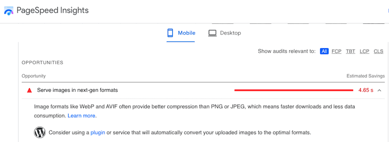WebPまたはAVIF形式で画像を提供することを推奨するGoogle-出典:PageSpeed Insights