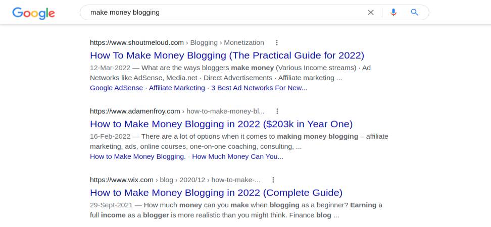 ผลการค้นหาของ Google สำหรับการทำเงินบล็อก