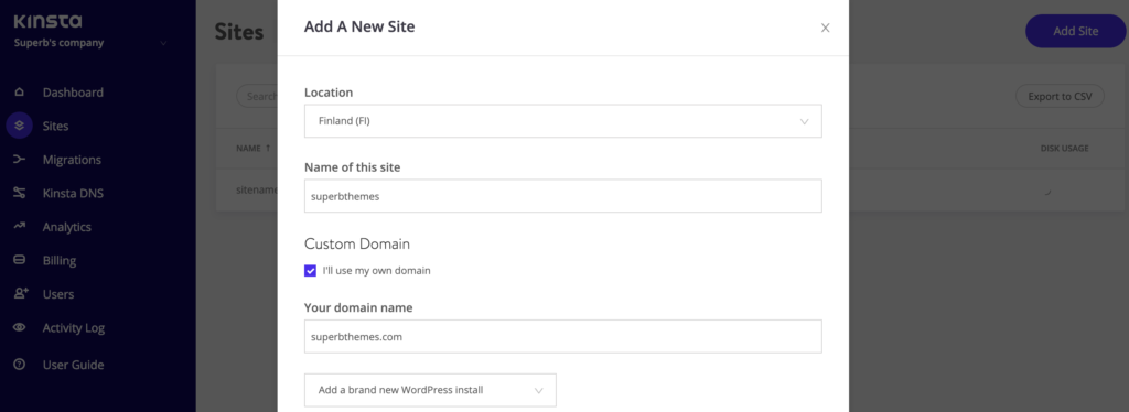 Buat instalasi WordPress dengan Kinsta