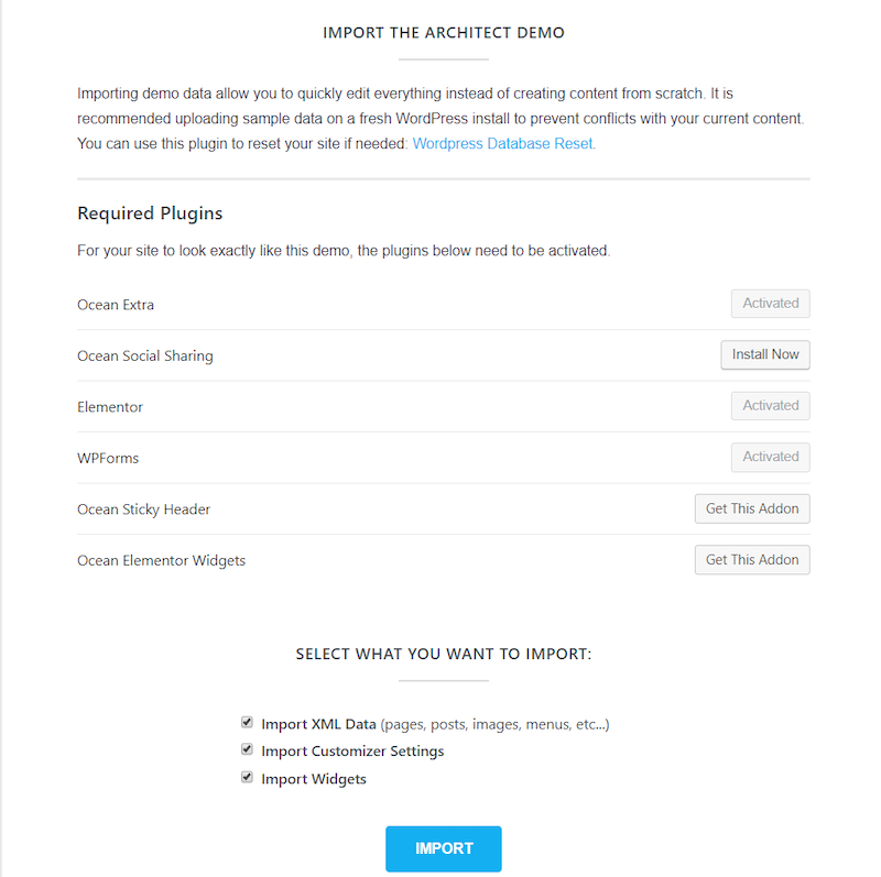 Importa contenuto demo OceanWP