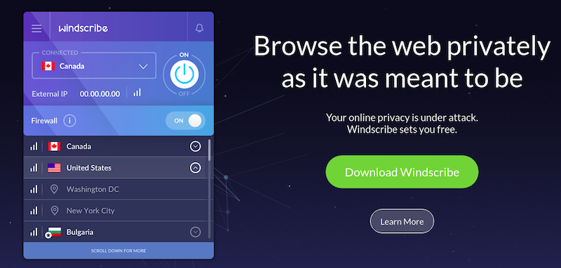 Windscribe, un furnizor rapid de VPN