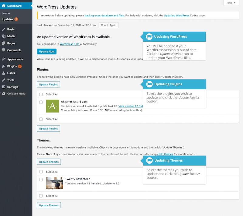 1: Обновите WordPress, его темы и плагины.