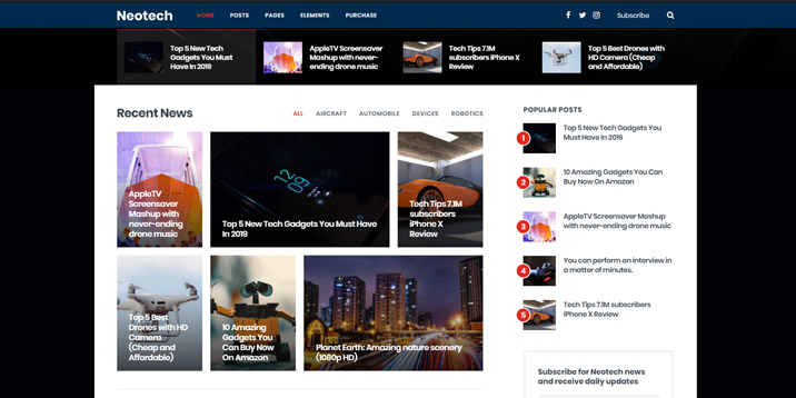 NEOtech è un tema WordPress per siti Web di recensioni, è disponibile su Themeforest.com
