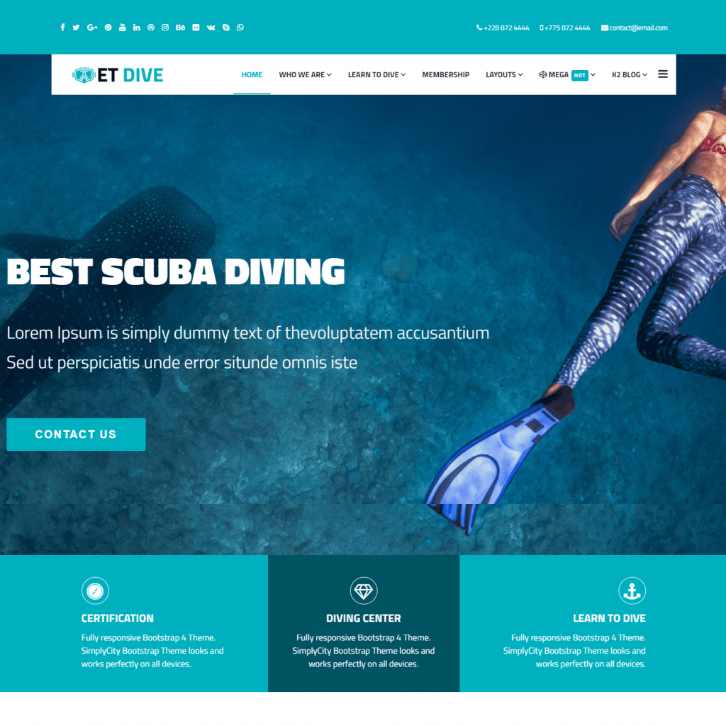 Et Dive Modello di sito Web per immersioni subacquee reattive gratuito