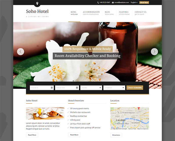 Soho Hotel - Tema WP reattivo per la prenotazione di hotel