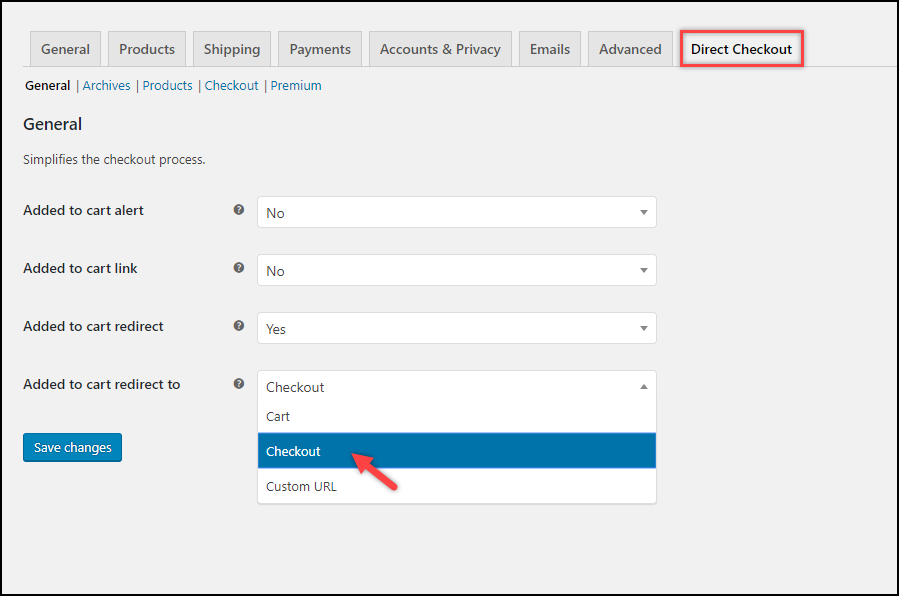 Ignorer la page du panier WooCommerce | Paramètres du plug-in WooCommerce Direct Checkout Skip WooCommerce Cart Page | WooCommerce Direct Checkout Plugin settings