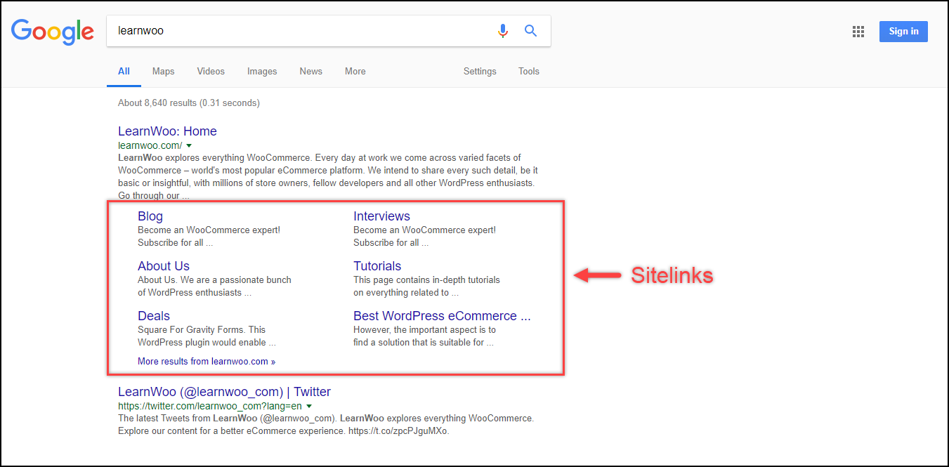 Ottimizza WordPress - Google Search Console | Sitelink di LearnWoo Optimize WordPress - Google Search Console | LearnWoo Sitelinks