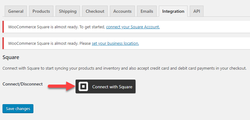 screenshot della pagina delle impostazioni per l'integrazione di WooCommerce Square per l'articolo multicanale di WooCommerce