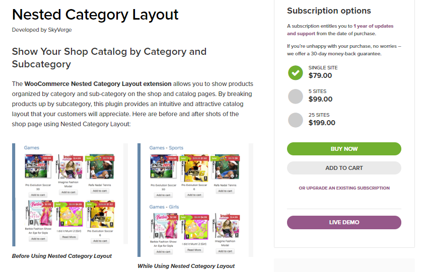 Screenshot dell'estensione del layout della categoria nidificata per personalizzare l'articolo di ricerca del prodotto woocommerce