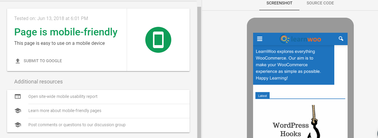 Scrrenshot พร้อมตัวอย่างการทดสอบความเหมาะกับอุปกรณ์เคลื่อนที่ของ Google