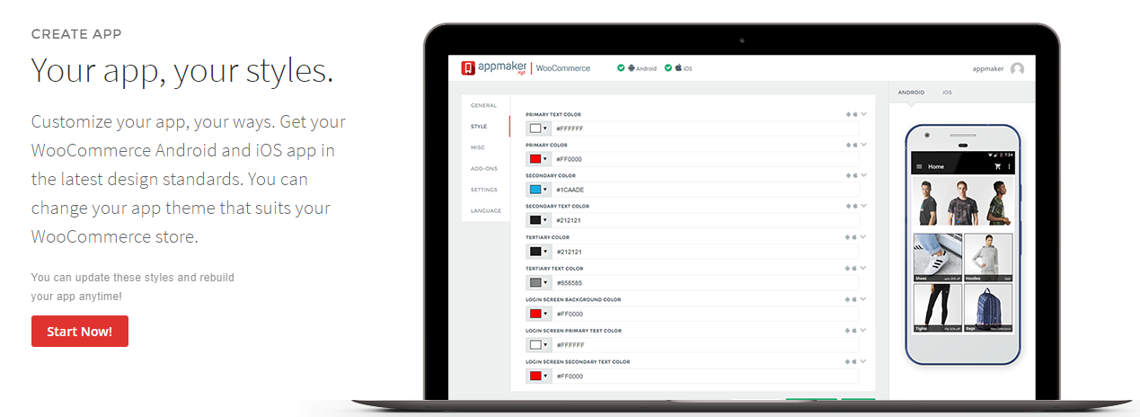 Appmaker.xyz, WooCommerce 모바일 앱 빌더의 스크린샷