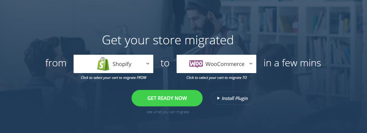 Cart2Cart 的屏幕截图,该工具将有助于从 Shopify 迁移到 WooCommerce
