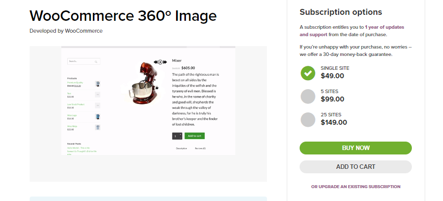 screenshot delle immagini a 360 gradi di WooCommerce