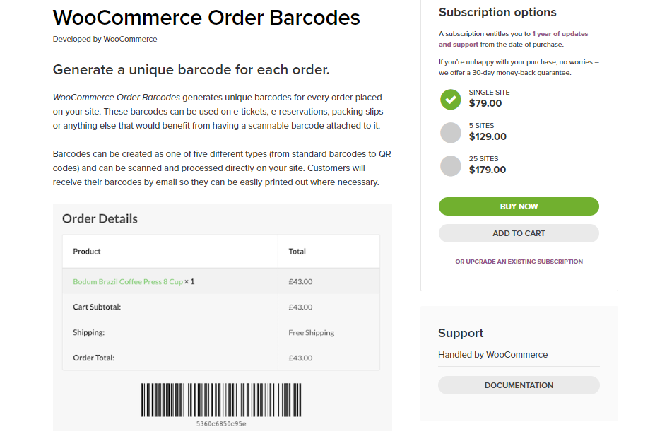 Screenshot per il plug-in di codici a barre degli ordini incluso nell'articolo del plug-in per le prenotazioni di WooCommerce