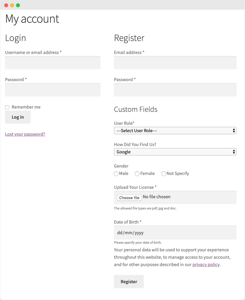 Plugin per i campi di registrazione utente personalizzati di WooCommerce