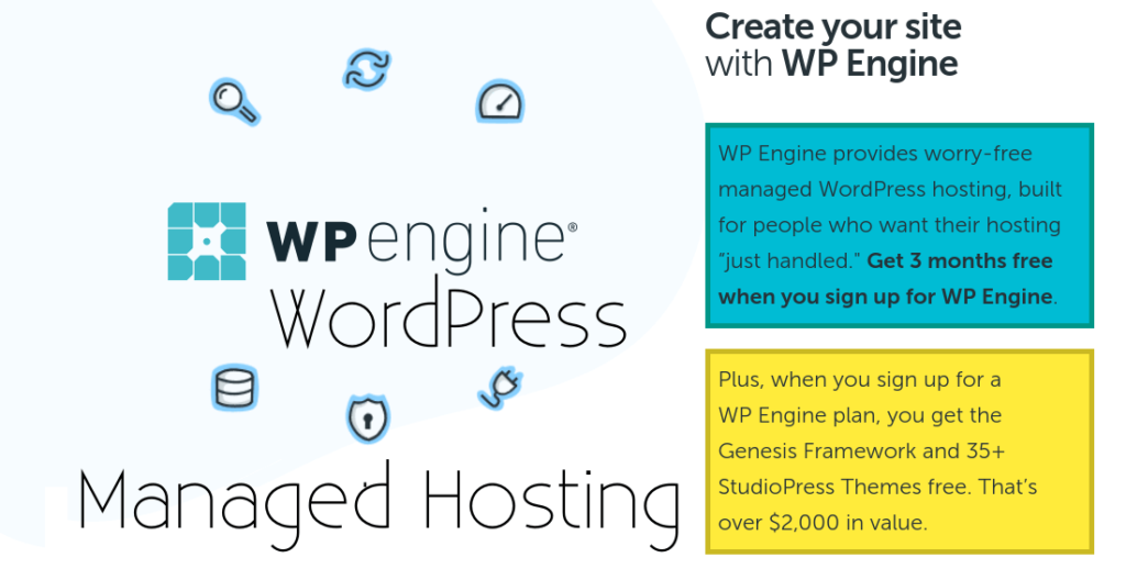 Erhalten Sie 3 Monate kostenlos + Genesis Framework und mehr als 35 StudioPress-Designs kostenlos, wenn Sie sich für WP Engine anmelden.