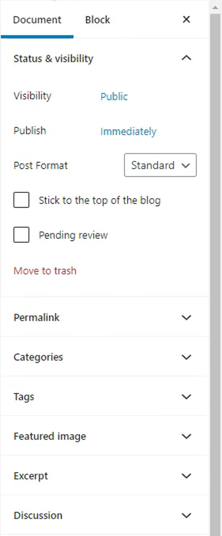 setările documentului în WordPress Block Editor