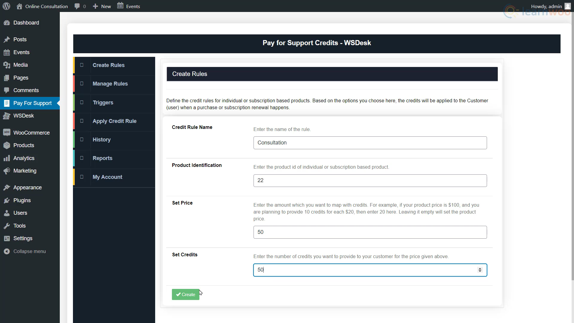 Kreditregeln im Pay-for-Support-Add-on