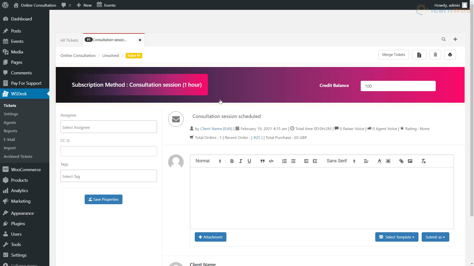 Ticketseite im ELEX WSDesk Pay for Support Add-on