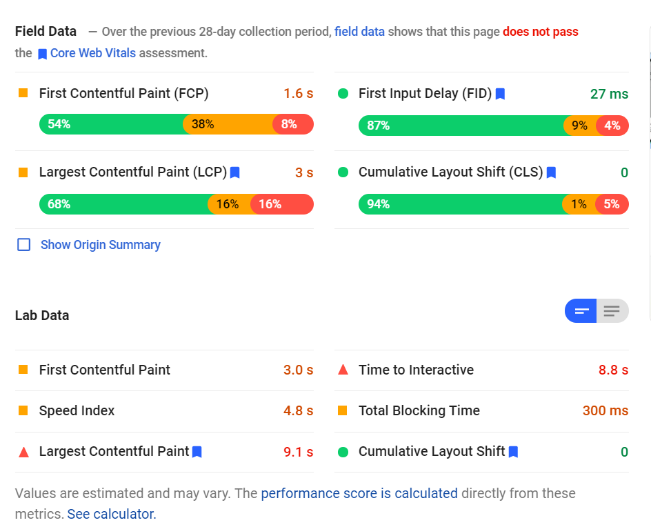 PageSpeed Insights web vitals per le prestazioni del sito web wordpress