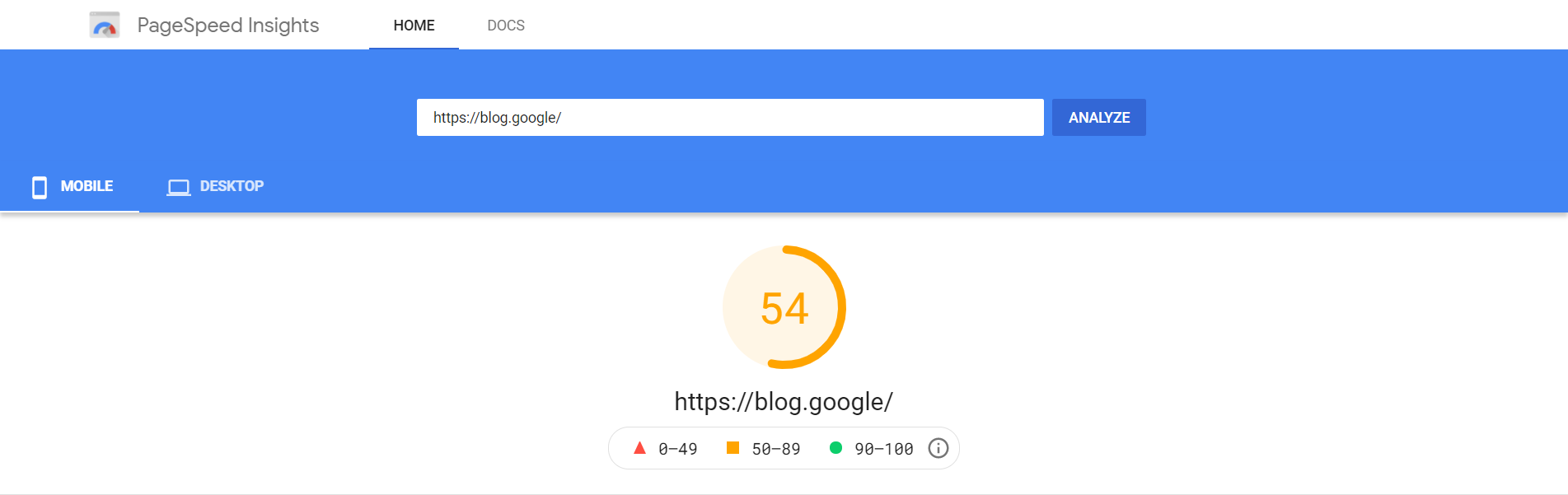 Punteggio di PageSpeed Insights