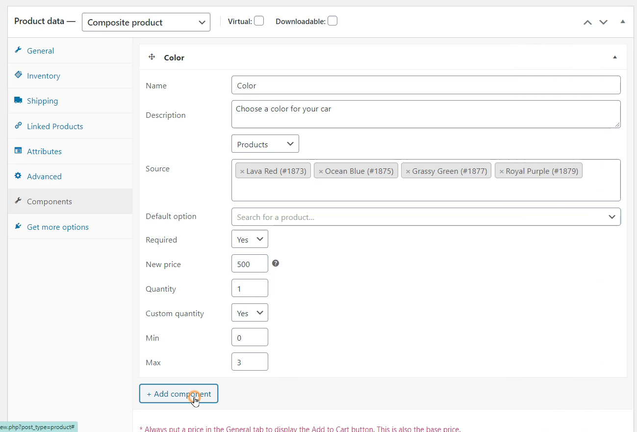woocommerce 복합 제품 구성 요소 추가
